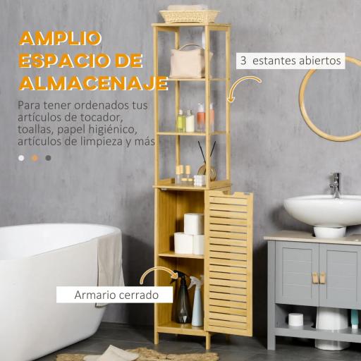 Estantería de Baño de Bambú Armario Alto para Baño con 3 Estantes y 1 Puerta Mueble Columna de Almacenaje 34x30x173 cm Natural [3]