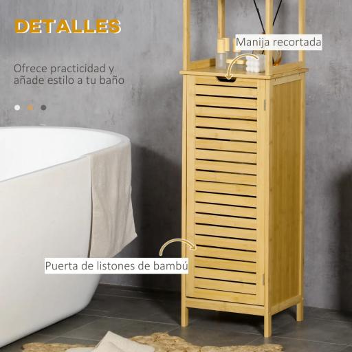Estantería de Baño de Bambú Armario Alto para Baño con 3 Estantes y 1 Puerta Mueble Columna de Almacenaje 34x30x173 cm Natural [2]