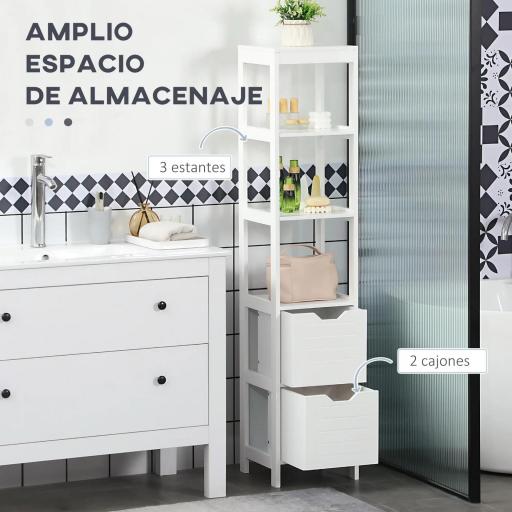 Mueble Columna con 3 Estantes Abiertos y 2 Cajones de Almacenaje Diseño Antivuelco 30x30x144 cm Blanco [3]
