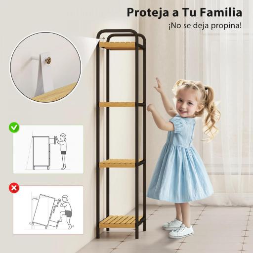 Estantería de Baño de Bambú con 4 Baldas Abiertas Diseño de Lamas y Estructura de Acero 41,5x21,5x106 cm Natural [4]