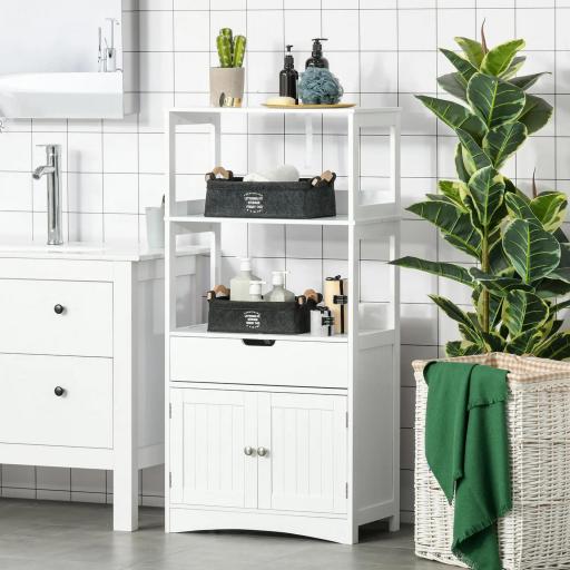Armario de Baño con 3 Estantes Cajón y 2 Puertas Mueble de Almacenamiento de Suelo Moderno para Cocina Dormitorio Salón 60x33x122,5 cm Blanco