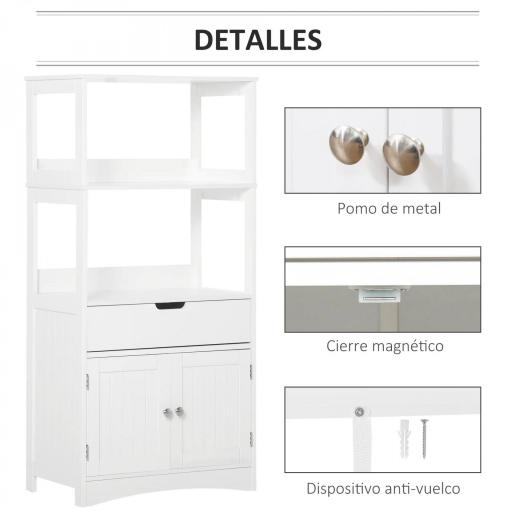 Armario de Baño con 3 Estantes Cajón y 2 Puertas Mueble de Almacenamiento de Suelo Moderno para Cocina Dormitorio Salón 60x33x122,5 cm Blanco [3]