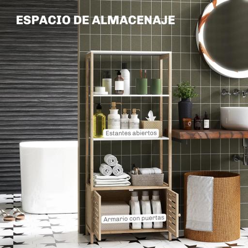 Estantería de Baño de Bambú con 3 Estantes Abiertos Puertas de Lamas 63x30x138 cm Natural y Blanco [3]