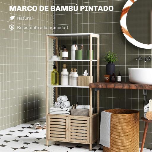 Estantería de Baño de Bambú con 3 Estantes Abiertos Puertas de Lamas 63x30x138 cm Natural y Blanco [2]
