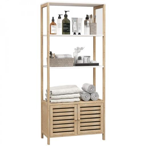 Estantería de Baño de Bambú con 3 Estantes Abiertos Puertas de Lamas 63x30x138 cm Natural y Blanco [9]