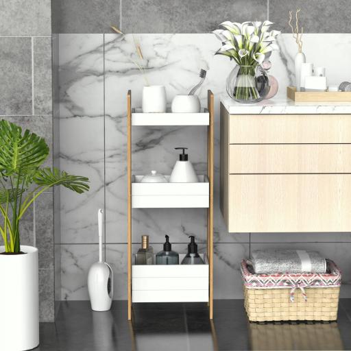 Estantería de Baño con 3 Estantes Organizador de Almacenaje Bambú para Cocina Sala de Estar Lavadero 27,5x20,8x74 cm Color Blanco y Natural [4]