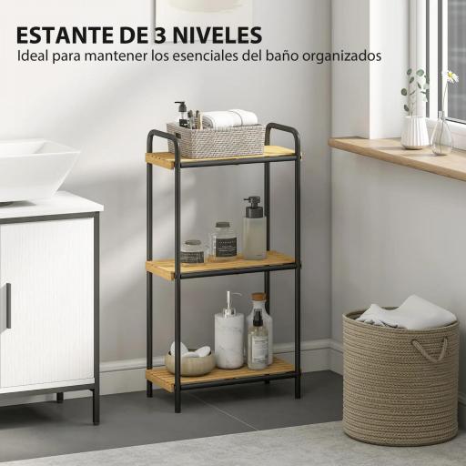 Estantería de Baño de Bambú con 3 Baldas Abiertas Diseño de Lamas y Estructura de Acero 41,5x21,5x77,5 cm Natural [2]