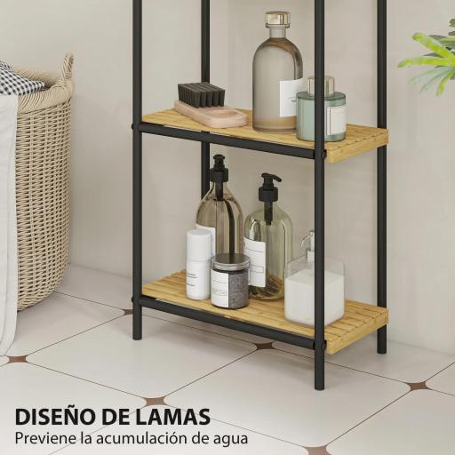 Estantería de Baño de Bambú con 3 Baldas Abiertas Diseño de Lamas y Estructura de Acero 41,5x21,5x77,5 cm Natural [5]