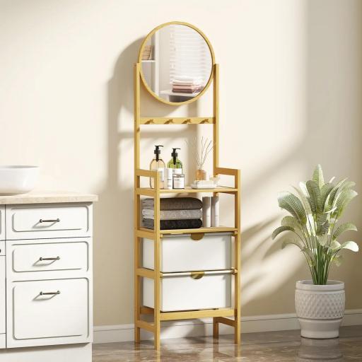 Estantería de Baño de Bambú con Espejo con 4 Ganchos 2 Estantes Abiertos y 2 Cajones de Tela 48,5x30x170 cm Natural