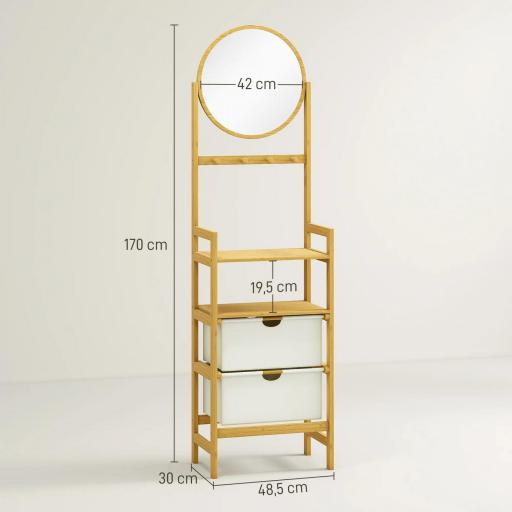 Estantería de Baño de Bambú con Espejo con 4 Ganchos 2 Estantes Abiertos y 2 Cajones de Tela 48,5x30x170 cm Natural [1]