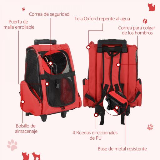 Transportin Carrito Perro 2 en 1 Mochila Carrito 42x25x55 cm Mascotas Perro Gato Rojo [2]