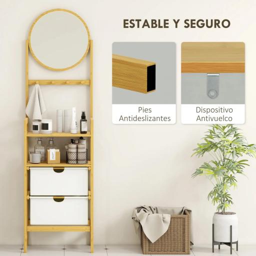Estantería de Baño de Bambú con Espejo con 4 Ganchos 2 Estantes Abiertos y 2 Cajones de Tela 48,5x30x170 cm Natural [6]