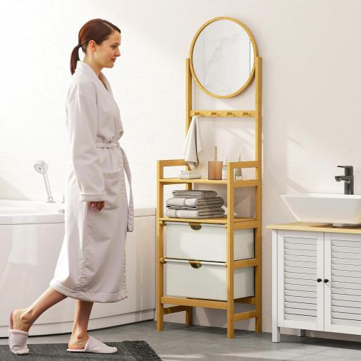 Estantería de Baño de Bambú con Espejo con 4 Ganchos 2 Estantes Abiertos y 2 Cajones de Tela 48,5x30x170 cm Natural [5]