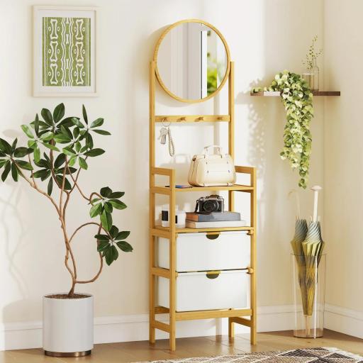 Estantería de Baño de Bambú con Espejo con 4 Ganchos 2 Estantes Abiertos y 2 Cajones de Tela 48,5x30x170 cm Natural [3]