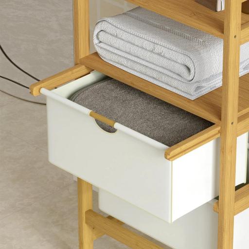 Estantería de Baño de Bambú con Espejo con 4 Ganchos 2 Estantes Abiertos y 2 Cajones de Tela 48,5x30x170 cm Natural [7]