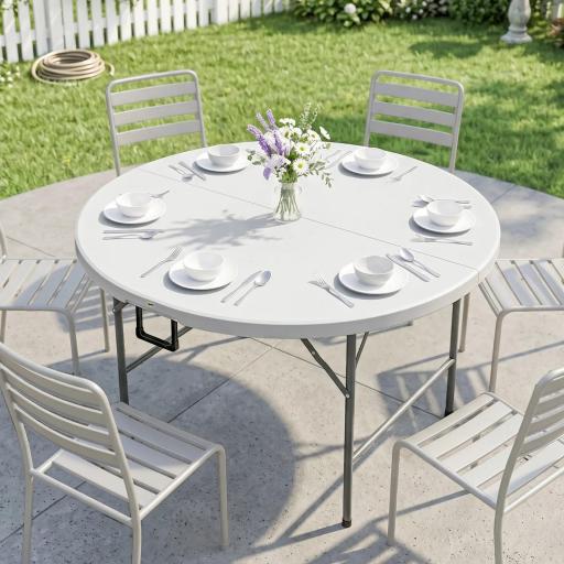 Mesa Auxiliar Redonda Mesa de Jardín Plegable con Marco de Acero y Encimera de HDPE Carga 80 kg Ø122x73 cm Blanco