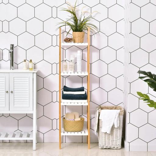 Estantería Escalera de Bambú de 4 Niveles Mueble de Almacenaje Multifuncional para Baño Salón Cocina 35x36x138,5 cm Blanco y Natural
