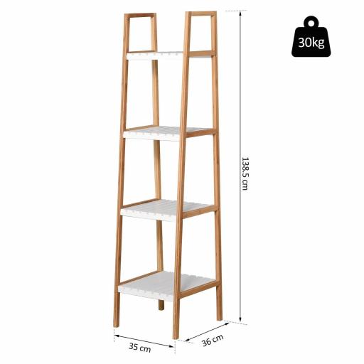 Estantería Escalera de Bambú de 4 Niveles Mueble de Almacenaje Multifuncional para Baño Salón Cocina 35x36x138,5 cm Blanco y Natural [1]