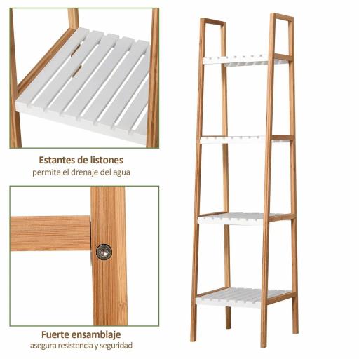 Estantería Escalera de Bambú de 4 Niveles Mueble de Almacenaje Multifuncional para Baño Salón Cocina 35x36x138,5 cm Blanco y Natural [7]