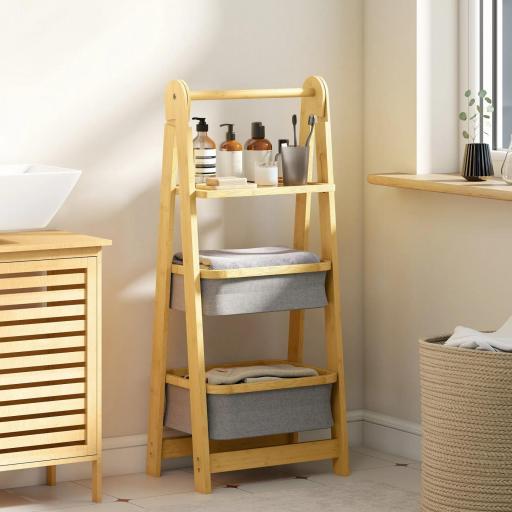 Estantería para Baño Plegable de Bambú con 2 Cestos para Ropa Sucia Estante Abierto Gris