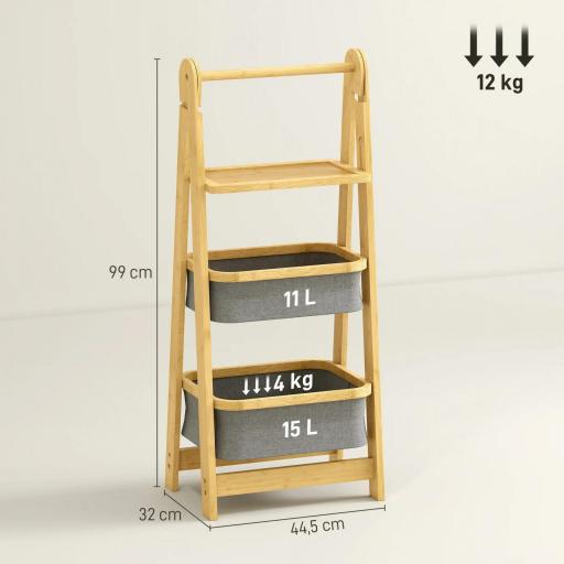 Estantería para Baño Plegable de Bambú con 2 Cestos para Ropa Sucia Estante Abierto Gris [1]