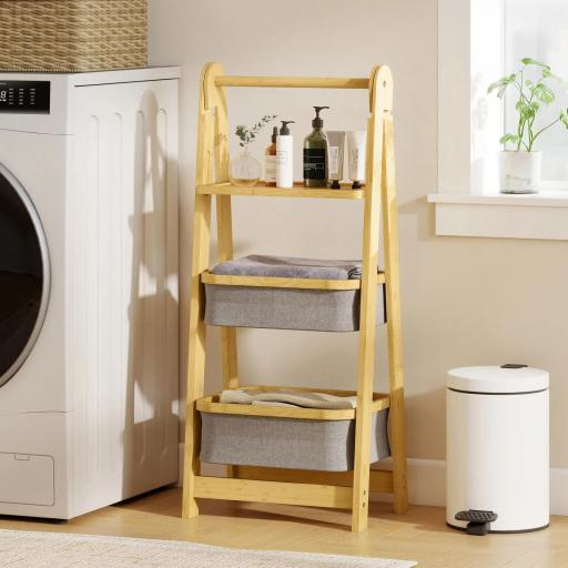 Estantería para Baño Plegable de Bambú con 2 Cestos para Ropa Sucia Estante Abierto Gris [3]