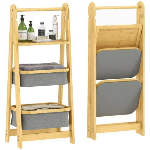 Estantería para Baño Plegable de Bambú con 2 Cestos para Ropa Sucia Estante Abierto Gris [9]