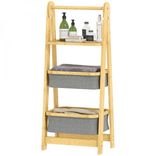 Estantería para Baño Plegable de Bambú con 2 Cestos para Ropa Sucia Estante Abierto Gris [8]