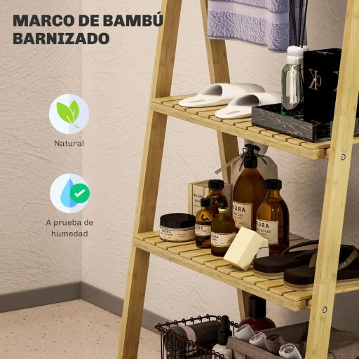 Estantería de Baño de Bambú Plegable con 3 Estantes con Barras Estantería de Madera en Forma de A 53,5x30x53 cm Natural [3]