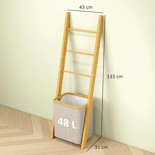 Estantería para Baño de Bambú Toallero de Pie con 3 Barras Cesto para Ropa Sucia Extraíble de 48 L Crema [7]