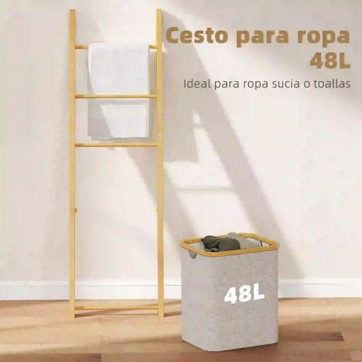 Estantería para Baño de Bambú Toallero de Pie con 3 Barras Cesto para Ropa Sucia Extraíble de 48 L Crema [1]