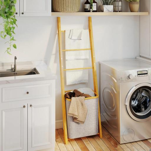 Estantería para Baño de Bambú Toallero de Pie con 3 Barras Cesto para Ropa Sucia Extraíble de 48 L Crema [6]
