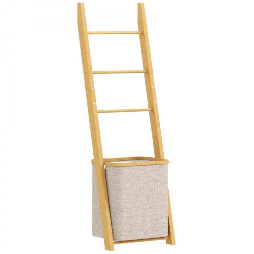 Estantería para Baño de Bambú Toallero de Pie con 3 Barras Cesto para Ropa Sucia Extraíble de 48 L Crema [10]
