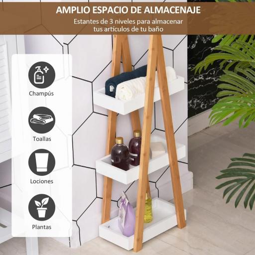 Estantería de Baño de Bambú con 3 Estantes Estantería de Almacenaje Estantería de Madera en Forma de A 30x18x81 cm Natural y Blanco [5]