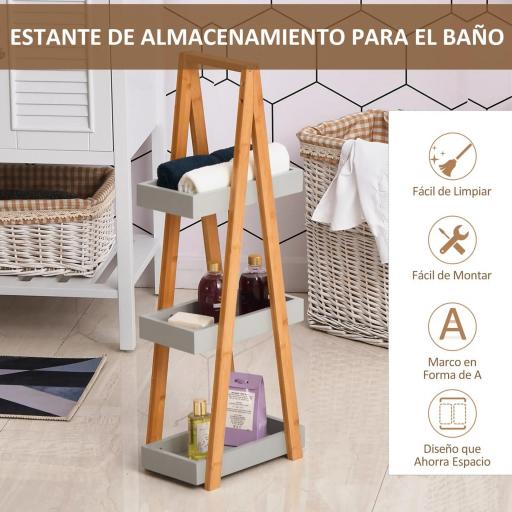 Estantería de Baño de Bambú con 3 Estantes Estantería de Madera en Forma de A 30x18x81 cm Natural y Gris [6]
