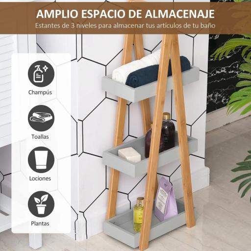Estantería de Baño de Bambú con 3 Estantes Estantería de Madera en Forma de A 30x18x81 cm Natural y Gris [5]