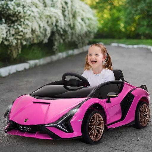 Coche Eléctrico para Niños de +3 Años Lamborghini SIAN Coche de Batería 12V con Mando a Distancia Apertura de Puerta Música MP3 USB y Faros 3-5 km/h 108x62x40 cm Rosa