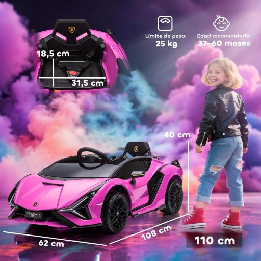 Coche Eléctrico para Niños de +3 Años Lamborghini SIAN Coche de Batería 12V con Mando a Distancia Apertura de Puerta Música MP3 USB y Faros 3-5 km/h 108x62x40 cm Rosa [3]