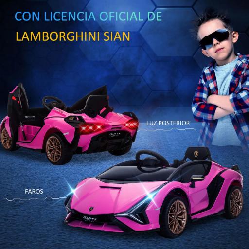 Coche Eléctrico para Niños de +3 Años Lamborghini SIAN Coche de Batería 12V con Mando a Distancia Apertura de Puerta Música MP3 USB y Faros 3-5 km/h 108x62x40 cm Rosa [4]