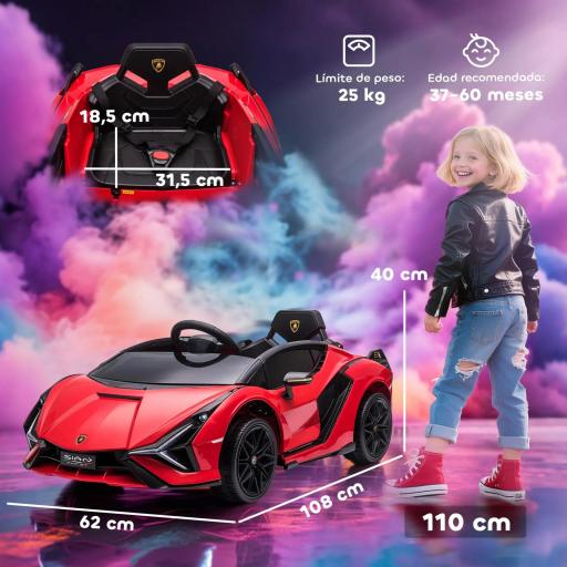 Coche Eléctrico para Niños de +3 Años Lamborghini SIAN Coche de Batería 12V con Mando a Distancia Apertura de Puerta Música MP3 USB y Faros 3-5 km/h 108x62x40 cm Rojo [3]