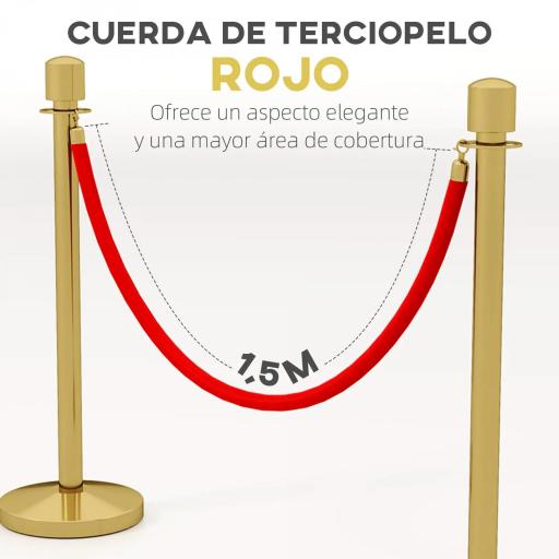 Juego de 2 Postes Separadores de Acero Inoxidable con Cuerda de Terciopelo Roja de 1,5 m y Base Rellenable Dorado [1]