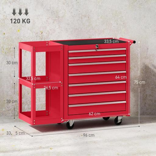 Carro de Herramientas con 7 Cajones Estantería de 3 Niveles Desmontable Sistema de Cierre Central Asa Rojo [2]