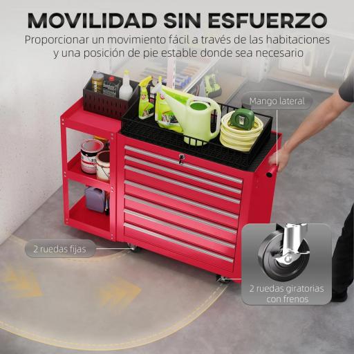Carro de Herramientas con 7 Cajones Estantería de 3 Niveles Desmontable Sistema de Cierre Central Asa Rojo [5]