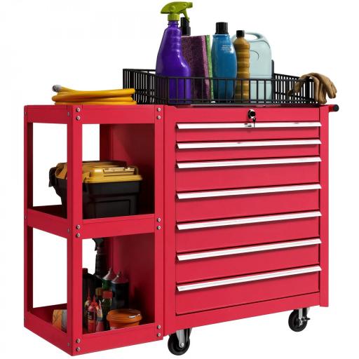 Carro de Herramientas con 7 Cajones Estantería de 3 Niveles Desmontable Sistema de Cierre Central Asa Rojo [8]