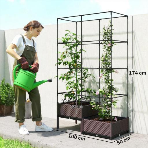 Jardinera con Enrejado Metálico para Plantas Trepadoras 2 Macetas de PP con Orificios de Drenaje 100x50x174 cm Negro [1]