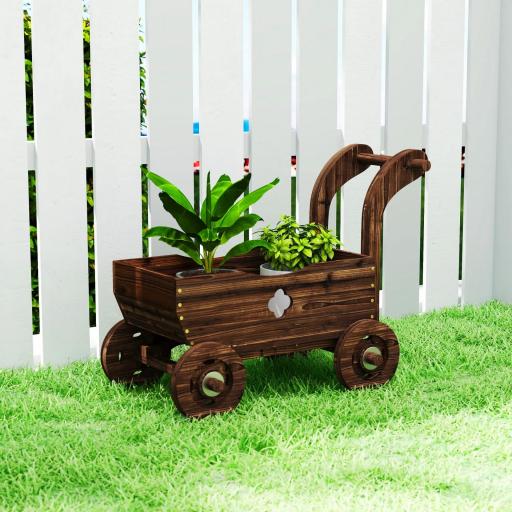 Carretilla de Madera Decorativa Jardinera Elevada con 4 Ruedas Asa Orificios de Drenaje 68x38x52 cm Carbonizado