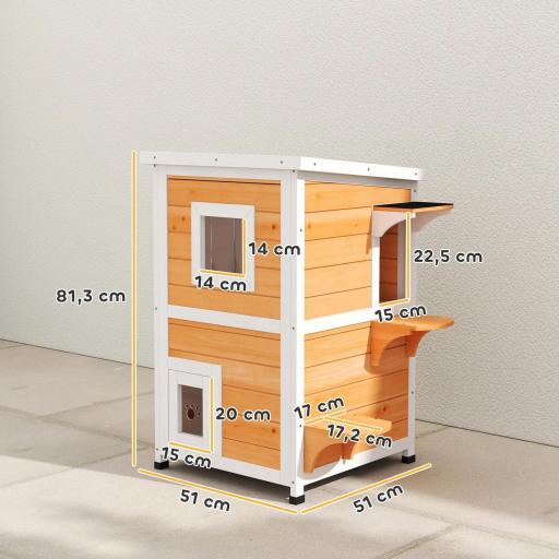 Caseta para Gatos de Madera Exterior de 2 Niveles con Techo Abatible Panel Central Extraíble 51x51x81,3 cm Natural [1]