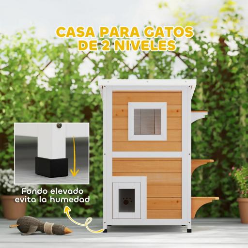 Caseta para Gatos de Madera Exterior de 2 Niveles con Techo Abatible Panel Central Extraíble 51x51x81,3 cm Natural [2]
