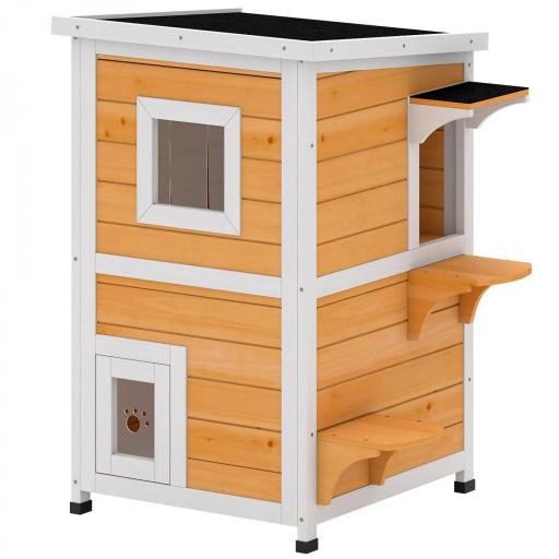 Caseta para Gatos de Madera Exterior de 2 Niveles con Techo Abatible Panel Central Extraíble 51x51x81,3 cm Natural [9]