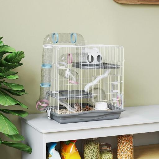 Jaula para Hámster con Túnel Plataformas Cuenco Bebedero Casita Rampas y Rueda de Ejercicio 45x30x45 cm Gris